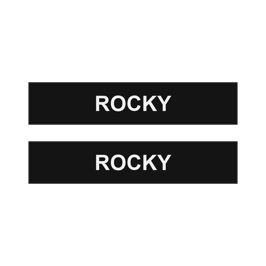 Two patches embroidered with the dog's name, to attach to the harness