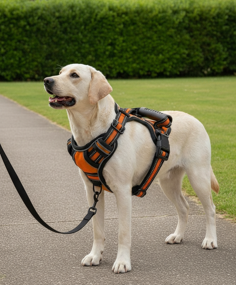 Dog on a walk, lead clipped at the front, on the chest